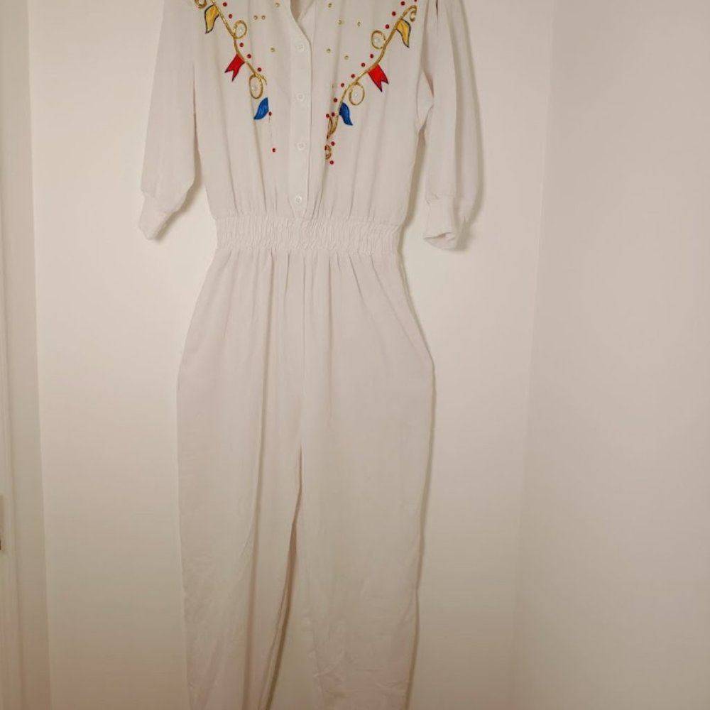 Vintage Woman's White Jumpsuit W/Beaded Designs Office Casual Party Sz Medium. V